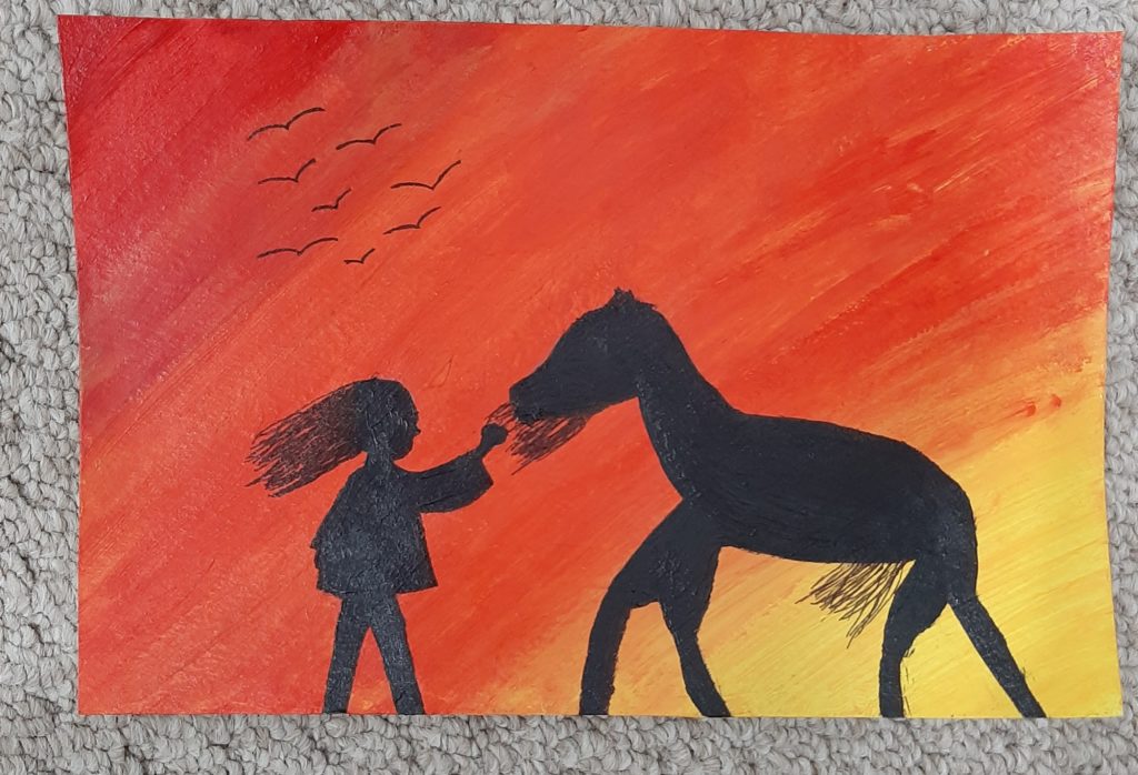 Painting by Maryam of a girl and horse silhouette in front of a sunset