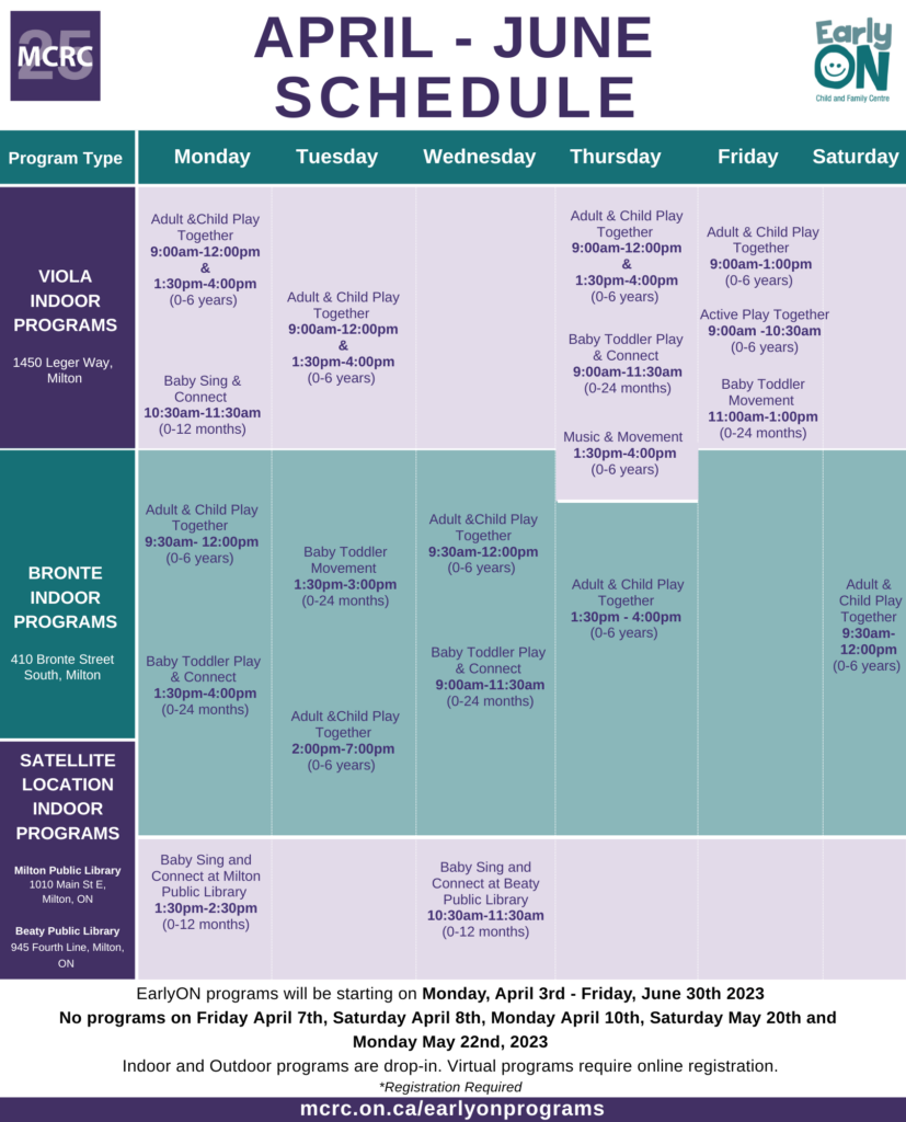 EarlyON Schedule April - June 2023 pg 1 with 25th anniversary logo